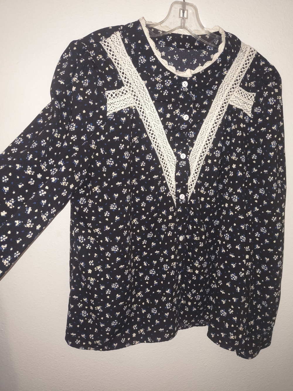 Vintage Black Floral Lace Trim Prairie Cottagecore Button Front Blouse Size L